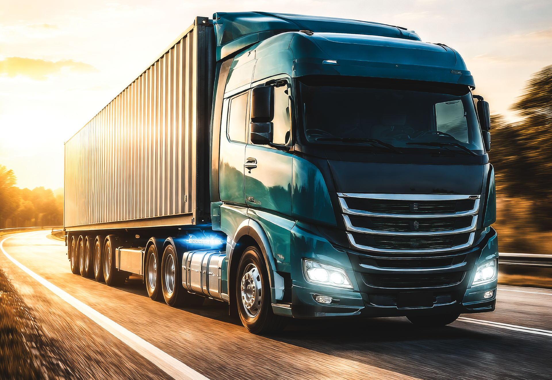 Container truck running at full speed